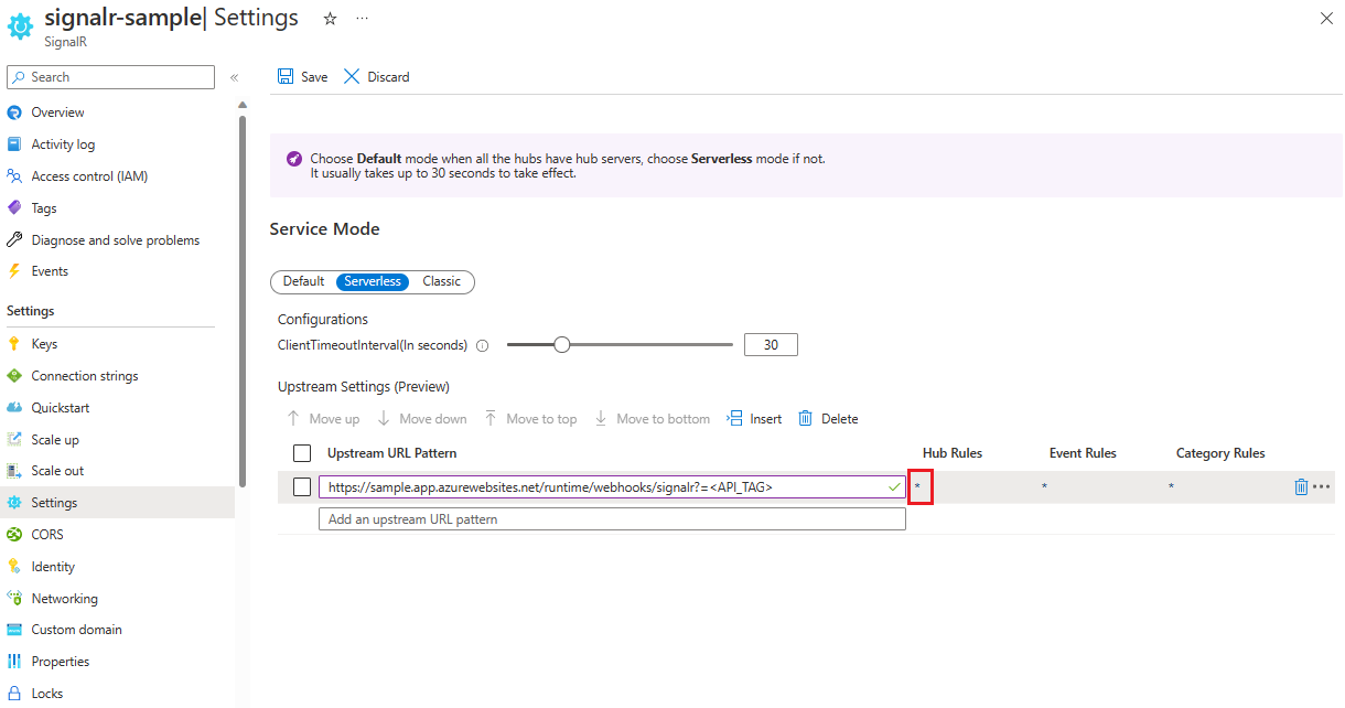 Screenshot that shows Azure SignalR Service settings for adding an upstream URL pattern.
