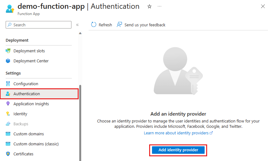 用于添加标识提供者的函数应用“身份验证”页和按钮的屏幕截图。