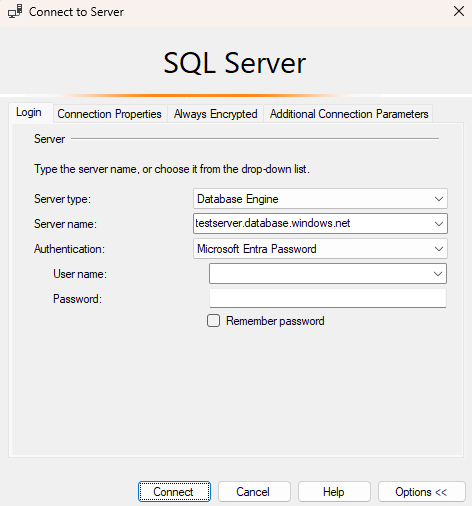 使用 Microsoft Entra 密码身份验证的 SSMS 的屏幕截图。