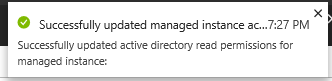 Screenshot of a notification confirming that Microsoft Entra ID read permissions have been successfully updated for the managed instance.