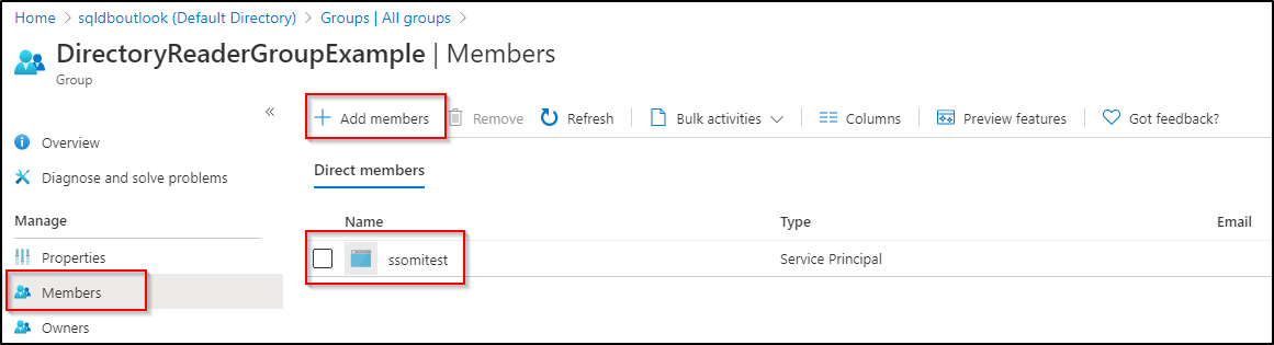 Microsoft Entra 资源的“成员”页的屏幕截图，其中突出显示了用于将 SQL 托管实例添加为新成员的选项。