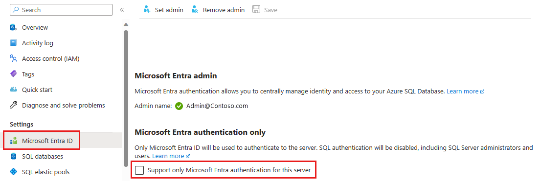 屏幕截图显示了仅支持服务器的 Microsoft Entra 身份验证的选项。