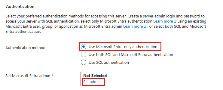 Azure 门户创建 SQL 托管实例基本信息选项卡的屏幕截图，其中选中了用户仅 Microsoft Entra 身份验证。