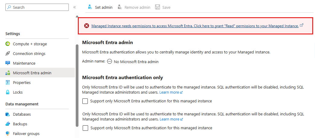 Azure 门户中 Microsoft Entra 管理员菜单的屏幕截图，其中显示需要读取权限。