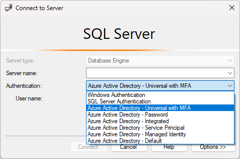 Screenshot of the Connect to Server dialog in SSMS. 