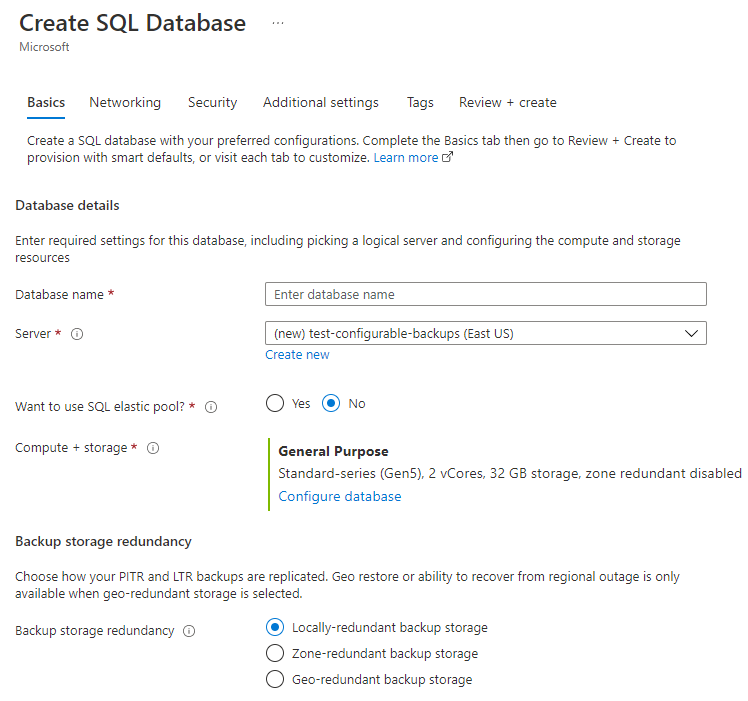 打开“创建 SQL 数据库”窗格