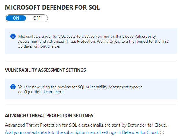 显示 Microsoft Defender for SQL 的“配置”屏幕的屏幕截图。