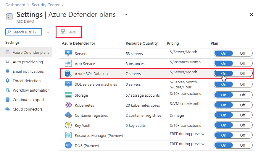 在订阅级别为 Azure SQL 数据库启用 Azure Defender。