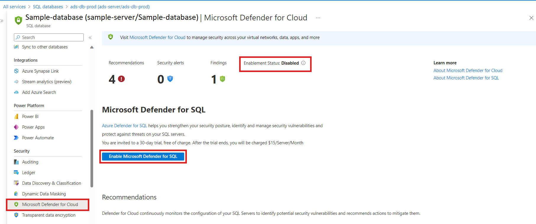 显示在 Azure SQL 数据库中启用 Microsoft Defender for SQL 的屏幕截图。