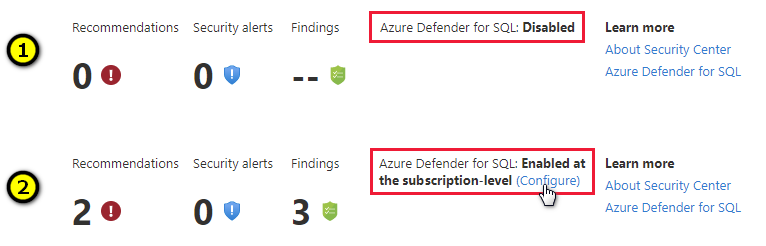 在 Azure SQL 数据库中检查 Azure Defender for SQL 的状态。