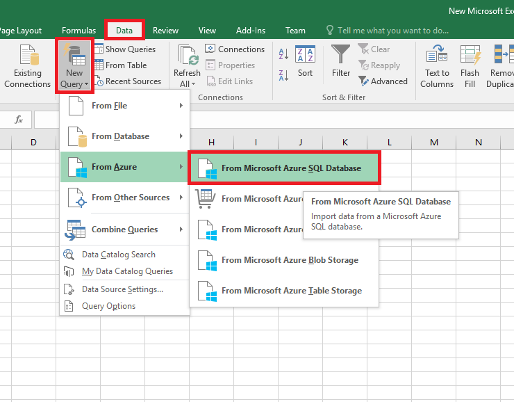 Select data source: Connect Excel to SQL Database.