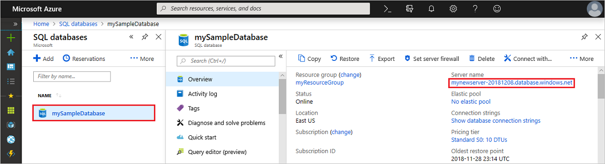Screenshot of the Azure portal, database overview page, with the server name highlighted.