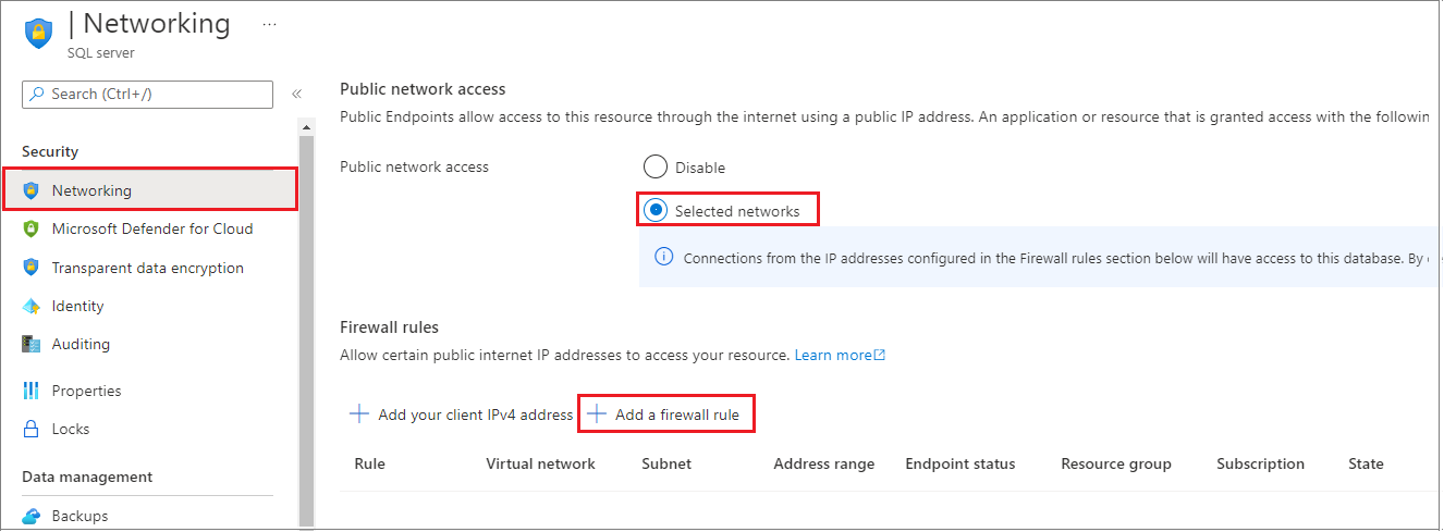 Azure 门户“网络”页的屏幕截图，其中显示了设置服务器级 IP 防火墙规则的位置。