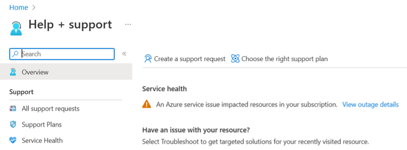 “帮助和支持”页的屏幕截图，其中显示了活动服务运行状况问题的通知。