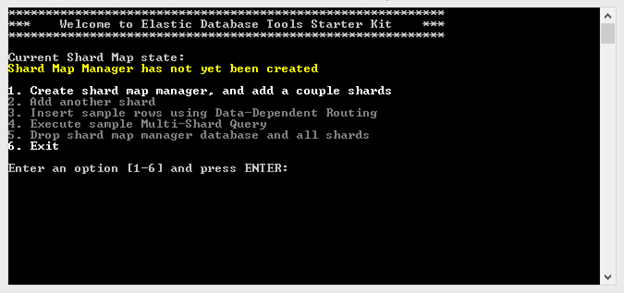 弹性数据库工具初学者工具包命令提示符的屏幕截图。