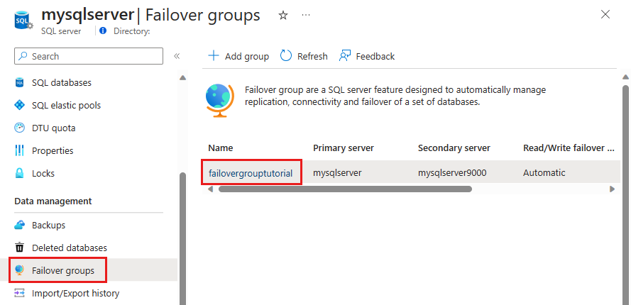 屏幕截图显示了故障转移组，可在其中为 SQL Server 选择故障转移组。