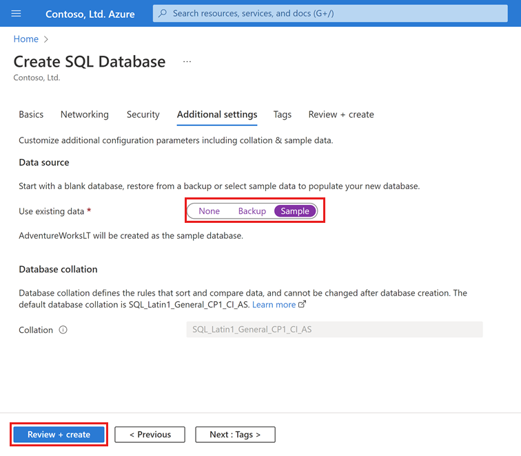 用于在 Azure SQL 数据库中创建数据库的“其他设置”屏幕的屏幕截图。使用该屏幕，你可以选择示例数据。