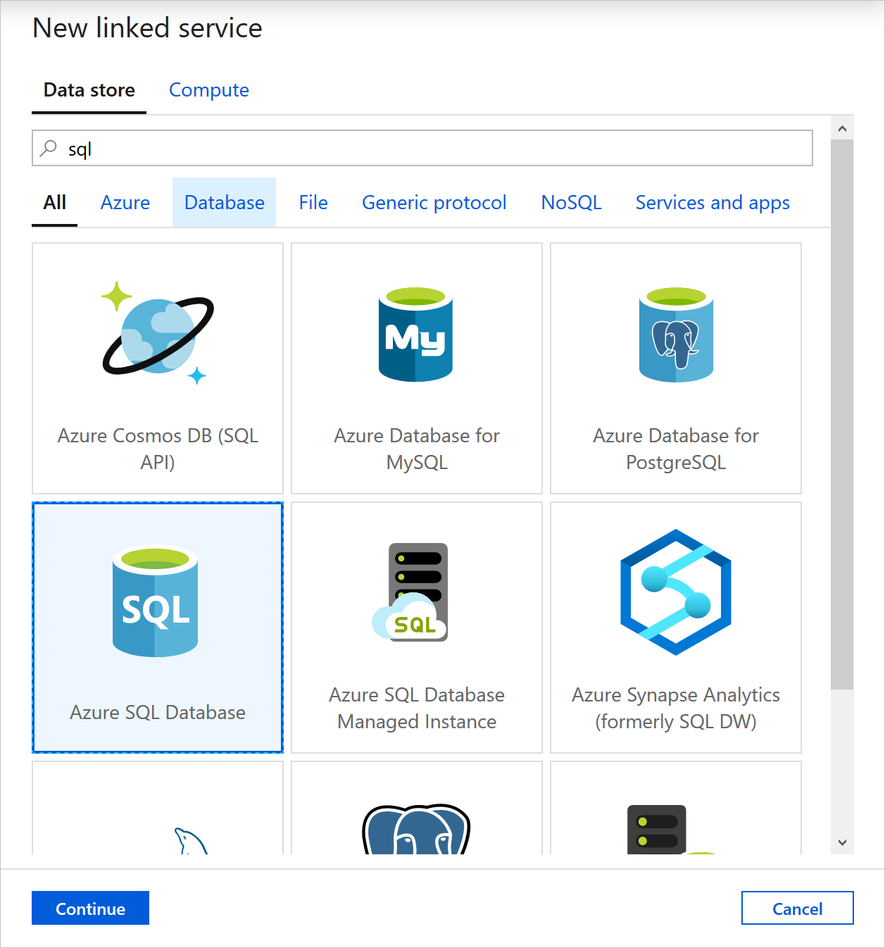 显示 Azure 数据工厂中选择的 Azure SQL 数据库的屏幕截图。