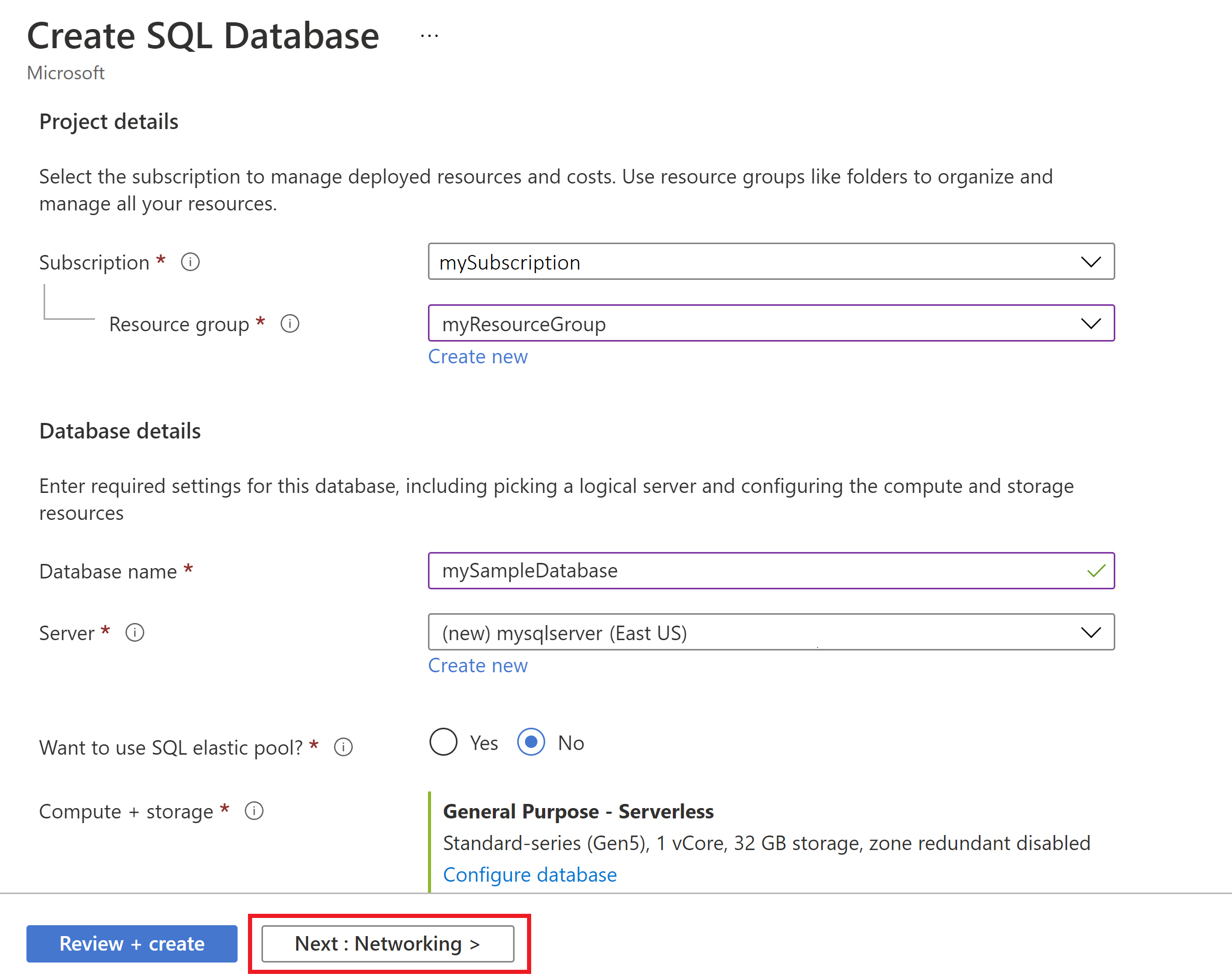 A screenshot of the Create SQL Database page, Basic tab from the Azure portal.