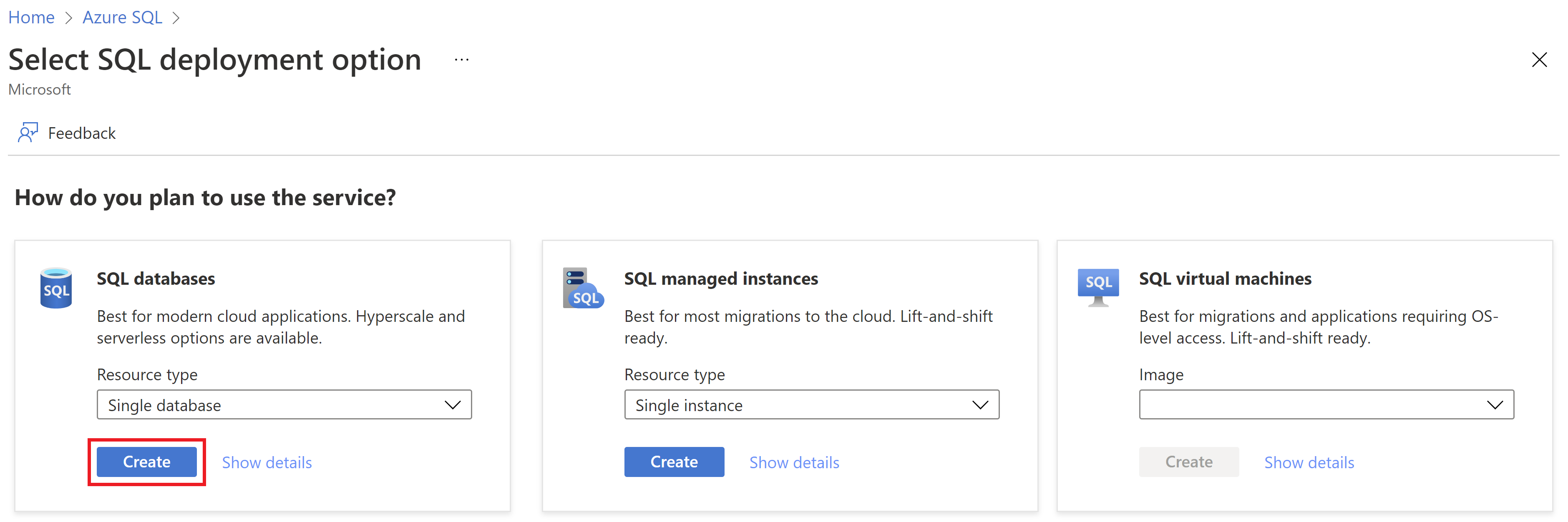 A screenshot of the Select SQL Deployment option page in the Azure portal.