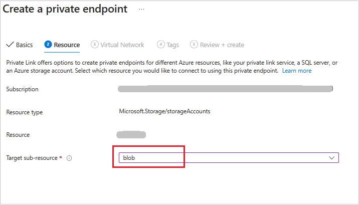 Screenshot shows private endpoint creation Resource tab.