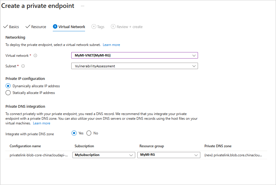 Screenshot shows private endpoint creation Virtual Network tab.