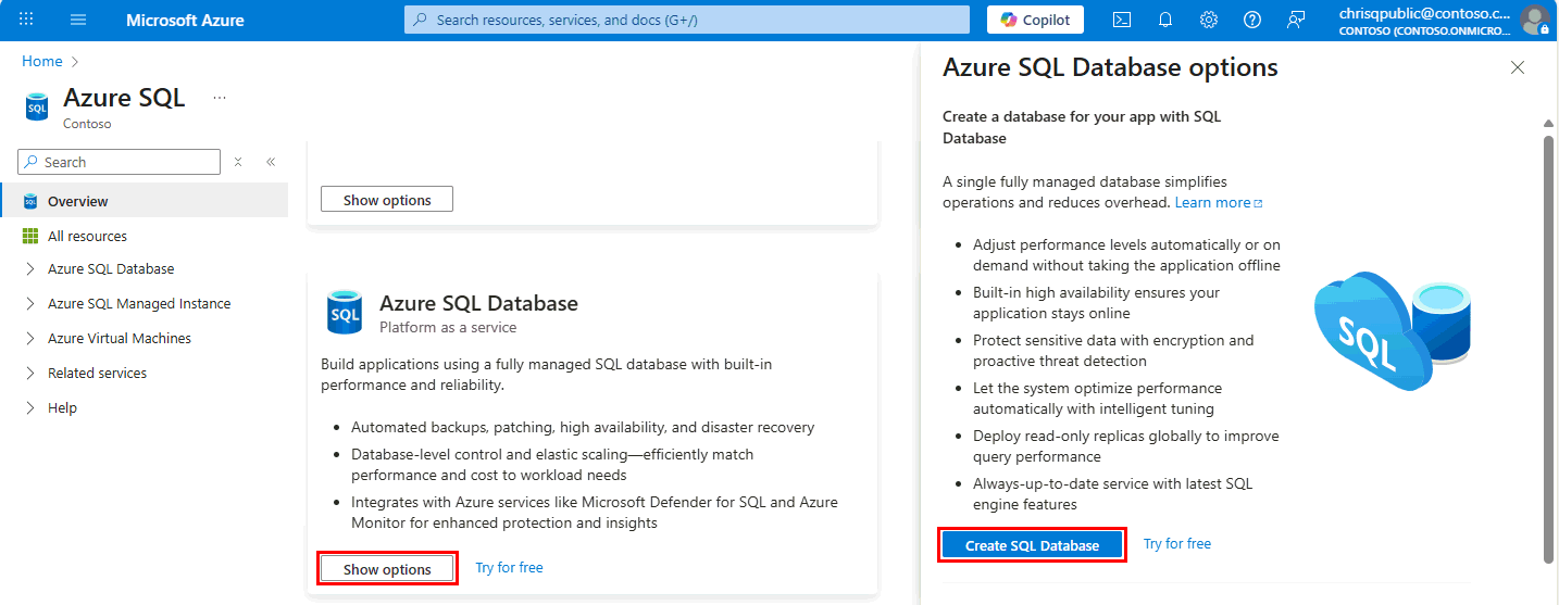 Azure 门户中的屏幕截图,其中显示了 Azure SQL 中心、“显示选项”按钮和“创建 SQL 数据库”按钮。