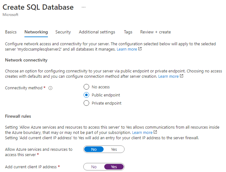 在 Azure 门户中创建 SQL Server 时的网络设置屏幕截图