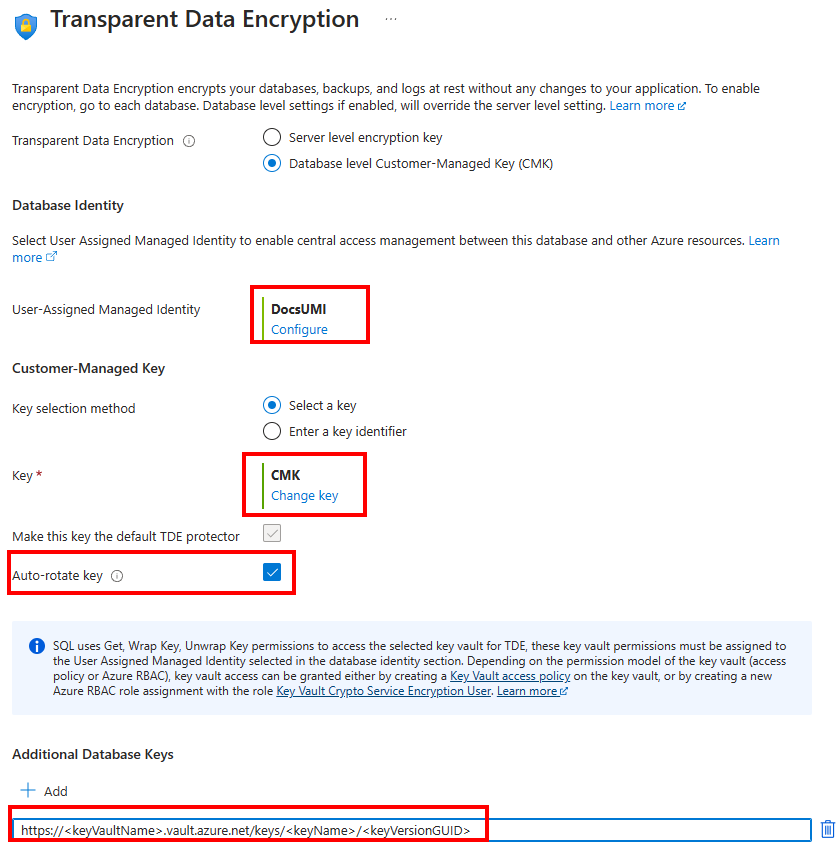 Azure 门户中用于添加其他密钥的“透明数据加密”菜单的屏幕截图。