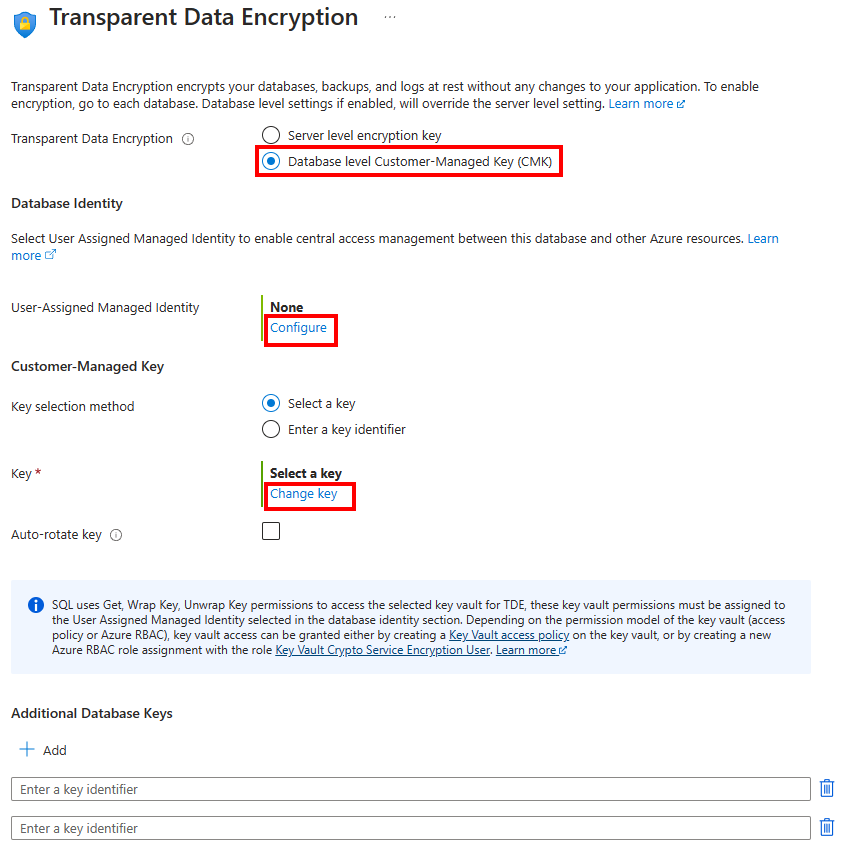 Azure 门户中“透明数据加密”菜单的屏幕截图。