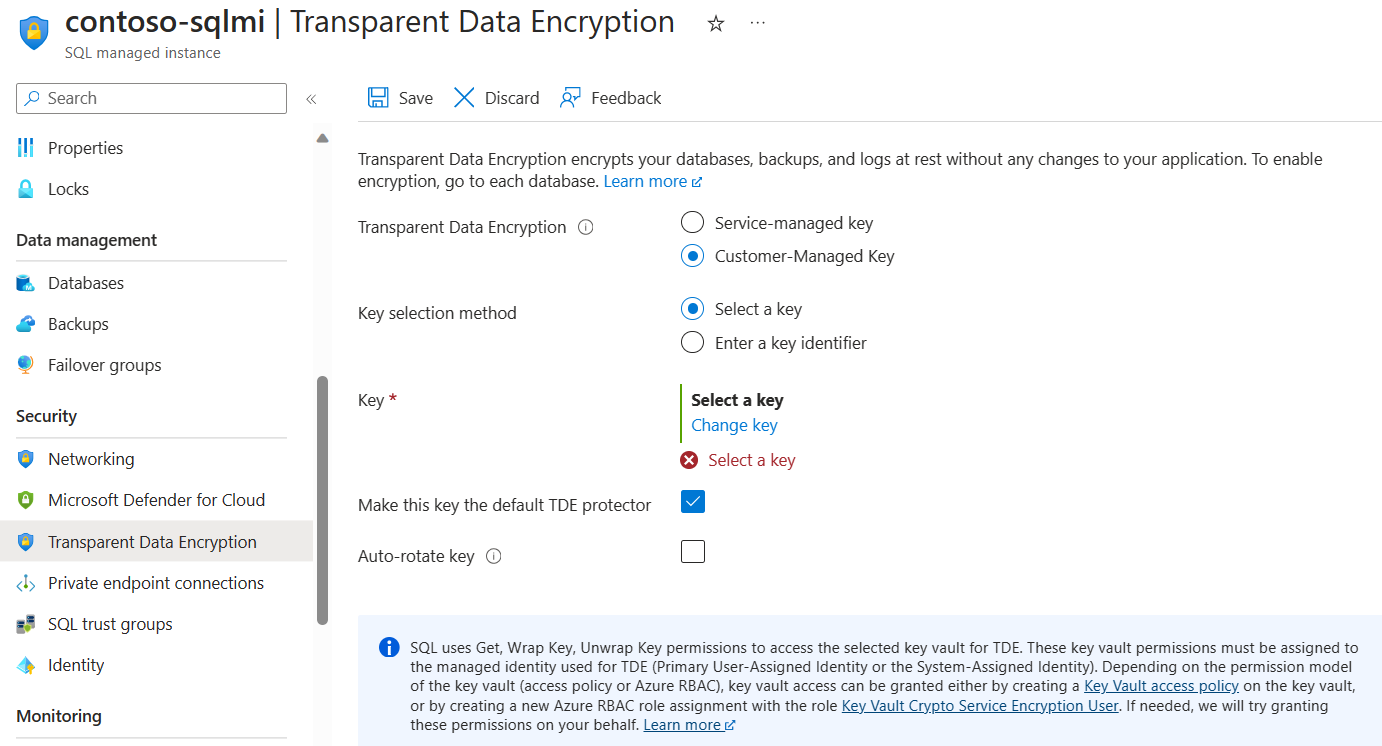 Azure 门户中针对服务器的“透明数据加密”菜单屏幕截图。