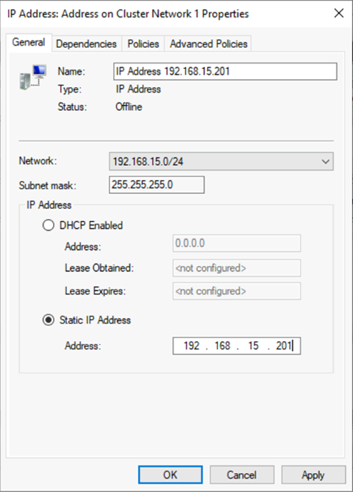 故障转移群集管理器的屏幕截图，其中显示了选择的 IP 地址。