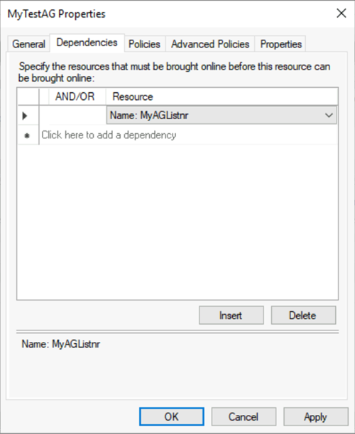 故障转移群集管理器的屏幕截图，其中显示了在“依赖项”选项卡上添加名称。