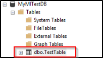 该屏幕截图显示了 SSMS 中的对象资源管理器，其中显示了 MyMITestDB 中表的文件夹结构。“dbo.TestTable”文件夹已突出显示。