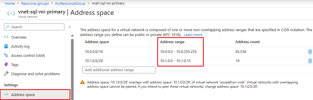 Azure 门户中主虚拟网络的地址空间的屏幕截图。