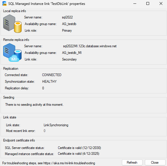 SSMS 中链接属性窗口的屏幕截图。 