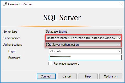 显示如何在 SSMS 中连接到 SQL 托管实例的屏幕截图。