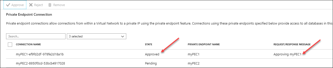 Azure 门户“专用终结点连接”页的屏幕截图，其中显示了一个挂起的连接和一个批准的连接。