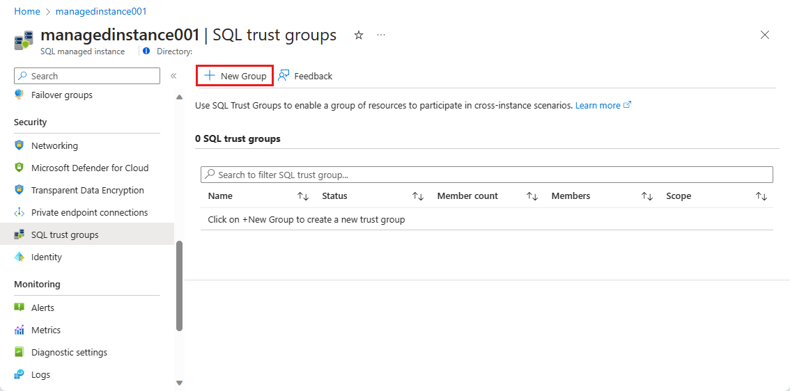 屏幕截图显示了“SQL 信任组”页，其中“新建组”处于选中状态。