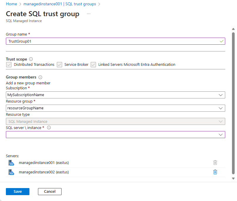 屏幕截图显示了包含值的“创建 SQL 信任组”页。