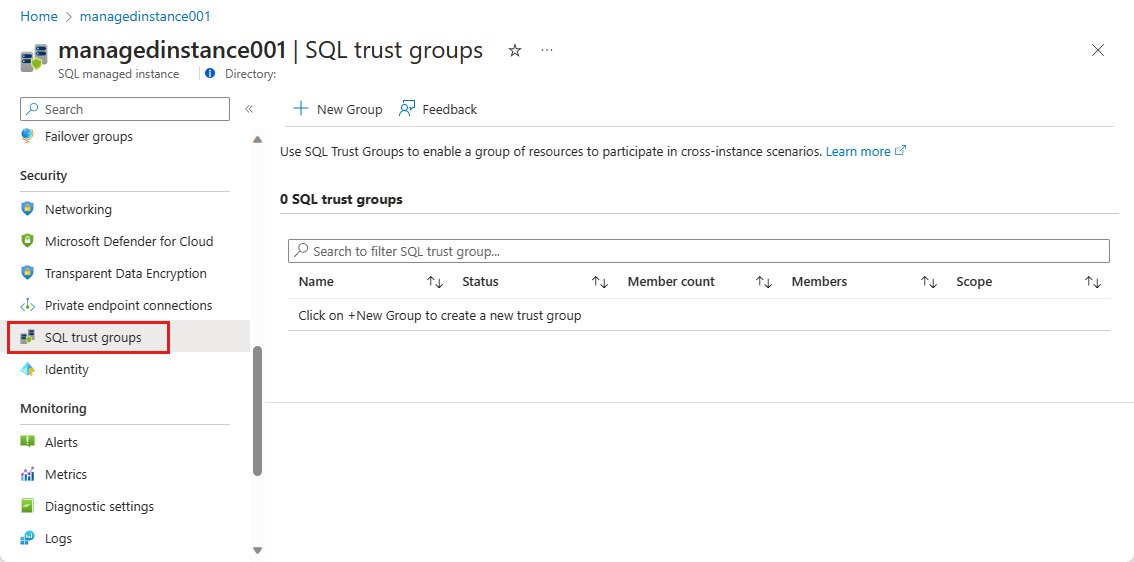 屏幕截图显示了 SQL 托管实例的“SQL 信任组”页。