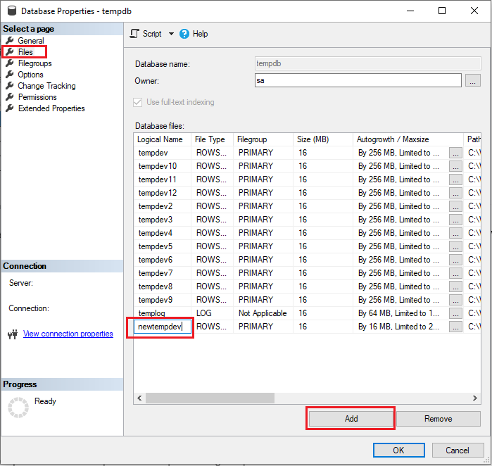 SSMS 中数据库属性的屏幕截图，其中突出显示了新数据库文件的名称。