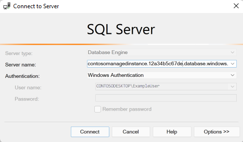 SQL Server Management Studio 中的对话框，其中“服务器名称”区域中是托管实例名称，并且“身份验证”设置为“Windows 身份验证”。