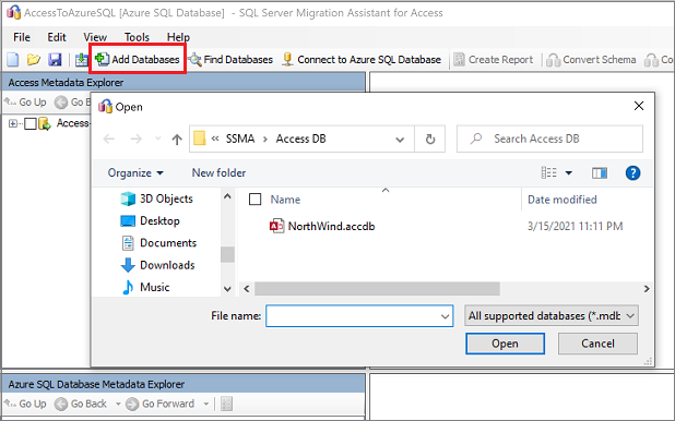 适用于 Access 的 SSMA 中“添加数据库”选项卡的屏幕截图。