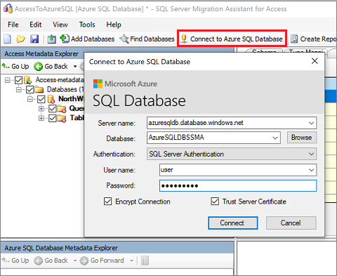 用于输入连接详细信息的“连接到 Azure SQL 数据库”窗格的屏幕截图。