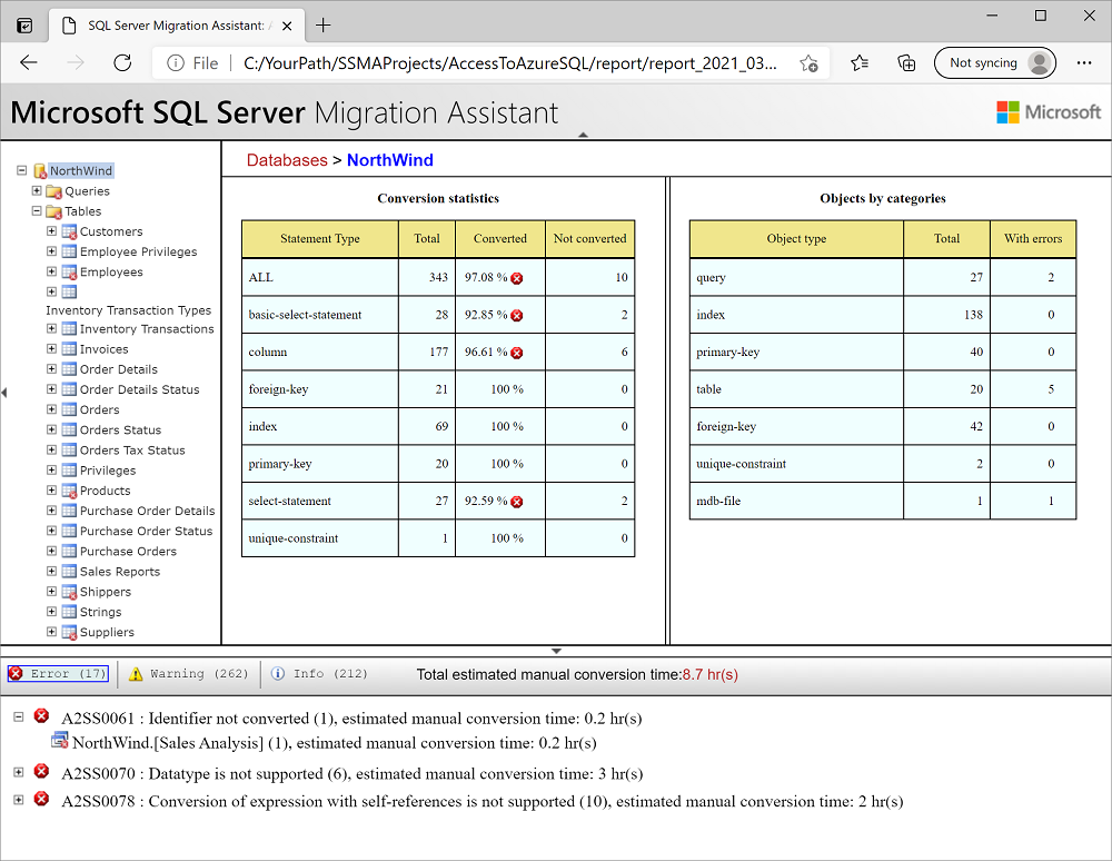 SSMA 中的示例数据库报表评估的屏幕截图。
