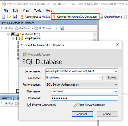 SSMA for MySQL 中“连接到 Azure SQL 数据库”窗格的屏幕截图。