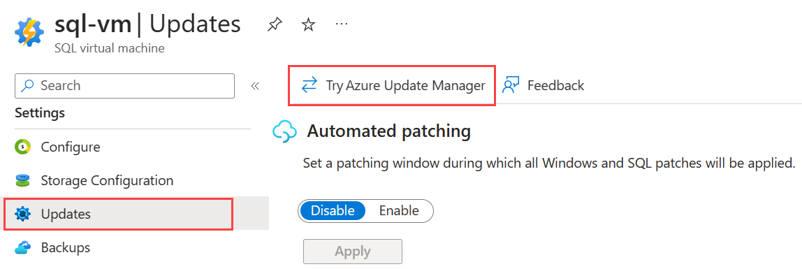 Azure 门户中 Windows SQL 虚拟机资源“更新”页面的屏幕截图，其中突出显示了“试用 Azure 更新管理器”。