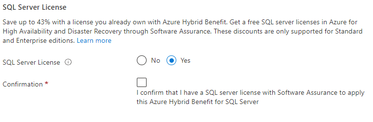 Azure 门户的屏幕截图，其中显示了有关 SQL Server 许可证和 Azure 混合权益的信息。