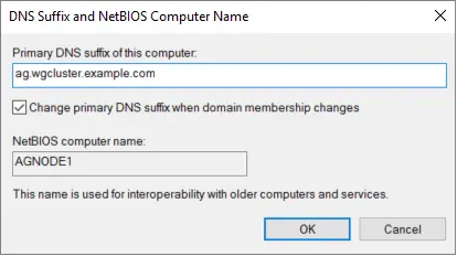 Screenshot shows the D N S Suffix and NetBIOS Computer Name dialog box where you can enter the value.
